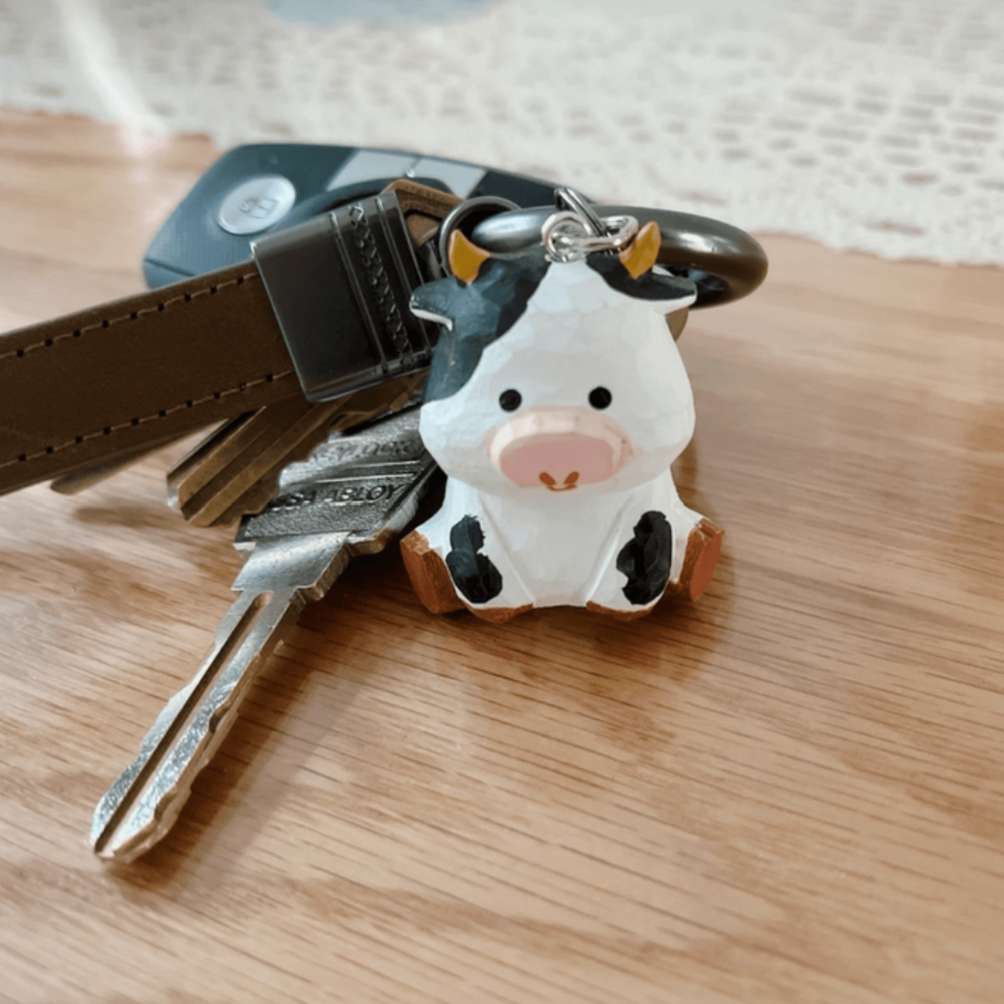 Handcrafted Cow Wooden Keychain - Farm-Fresh Charm for Your Keys!