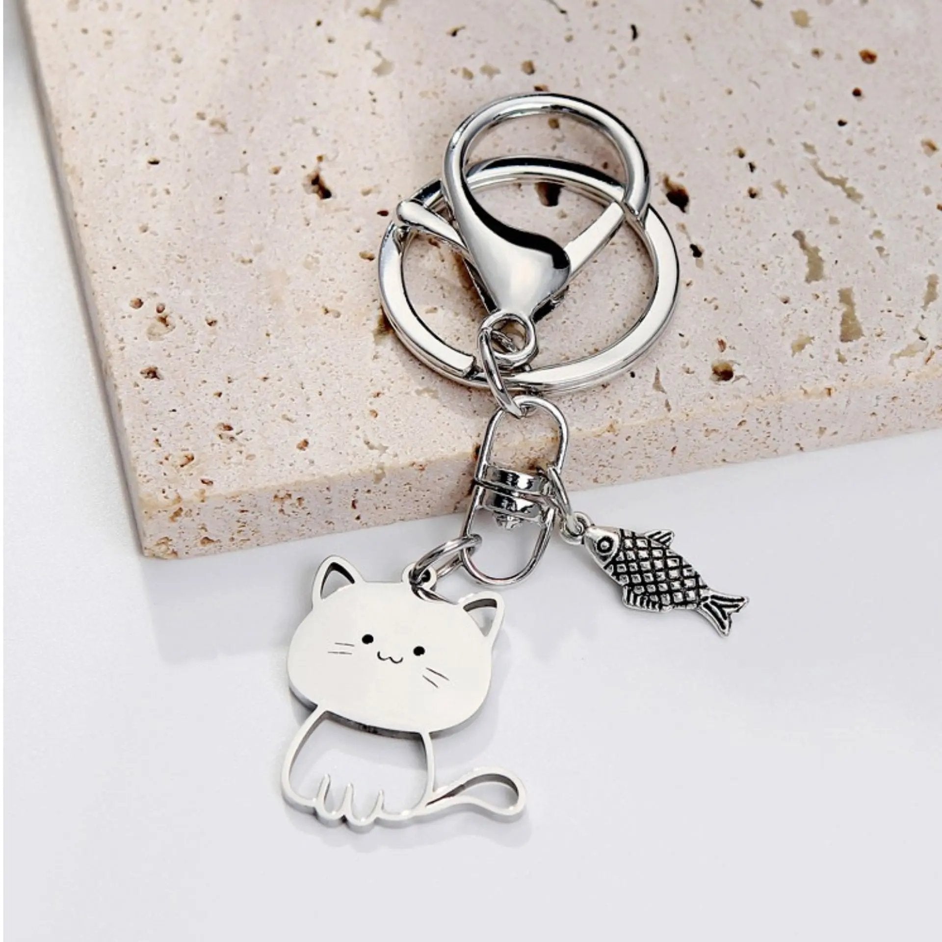 Handmade Fish Kitty Metal Keychain - Playful & Whimsical Accessory