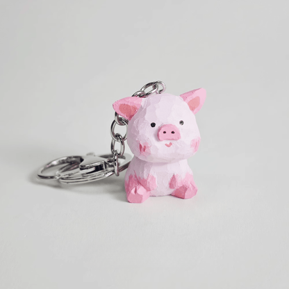 Cheerful Pig Wood Keychain - Rustic and Playful