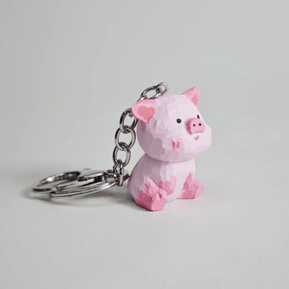 Cheerful Pig Wood Keychain - Rustic and Playful