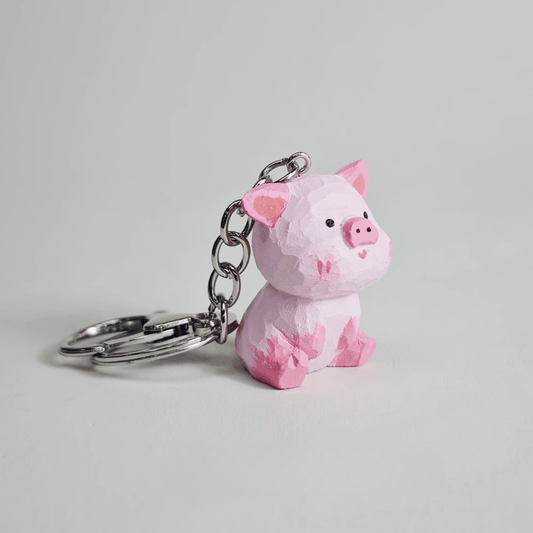 Cheerful Pig Wood Keychain - Rustic and Playful