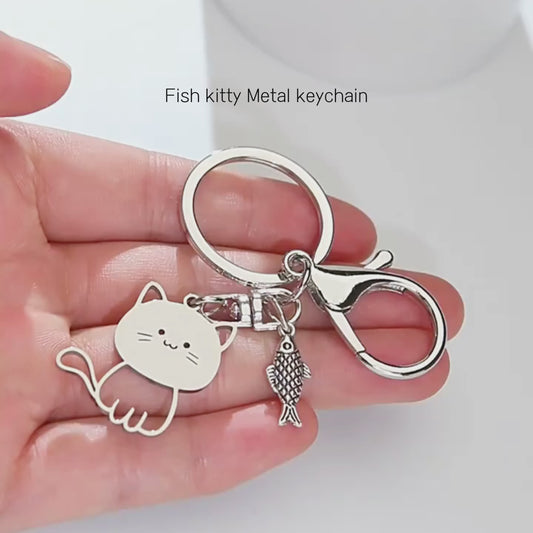 Handmade Fish Kitty Metal Keychain - Playful & Whimsical Accessory